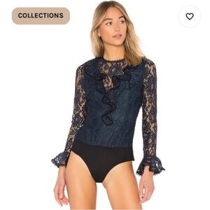 Alexis Pollie lace bodysuit with ruffles in navy blue